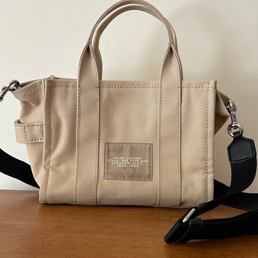 Marc Jacobs The Tote Bag Mini Womens Tan Cotton Canvas Crossbody Purse - Picture 4 of 12